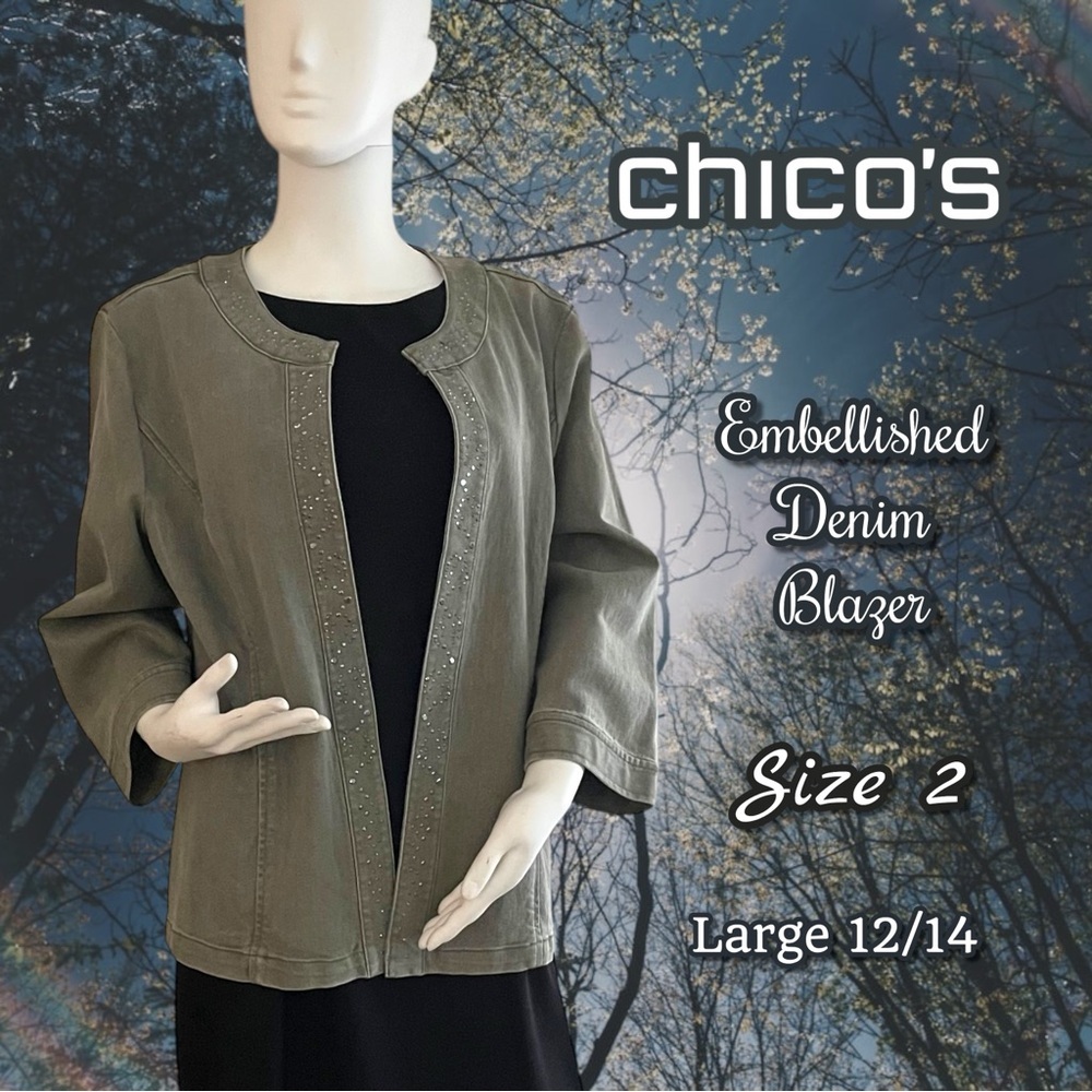 Chico's Gray Olive Green Denim Embellished Blazer Size 2  Large  - 12